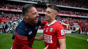 <p>Barrs men Ronan Curran and William Buckley celebrate after. Picture: Ray McManus/Sportsfile</p>