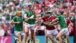 <p>Cork's Barry Walsh battles against Limerick's Adam English, Diarmaid Byrnes, Gearóid Hegarty and David Reidy during Sunday's Munster SHC clash at SuperValu Páirc Uí Chaoimh. Picture: Seb Daly/Sportsfile</p>