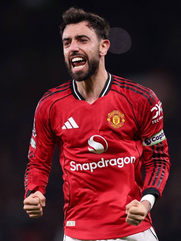  Bruno Fernandes of Manchester United celebrates after teammate Matheus Cunha scores at Old Trafford last December. Picture: Carl Recine/Getty Images