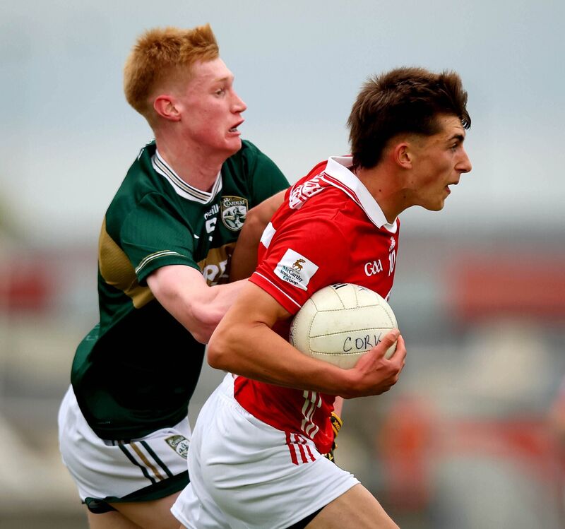 Kerry’s Eoin O’Flaherty tackles Ben O’Connell of Cork. Picture: INPHO/Ryan Byrne