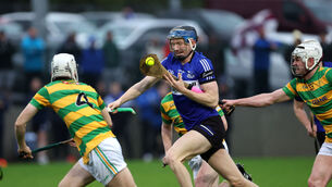 <p> Cian Darcy, Sarsfields, battles with James Ryan, Ollie McAdoo and Daniel Meaney, Blackrock during their Red FM Division 1 Hurling League, Sarsfields V's Blackrock, at Riverstown. Picture: Jim Coughlan.</p>