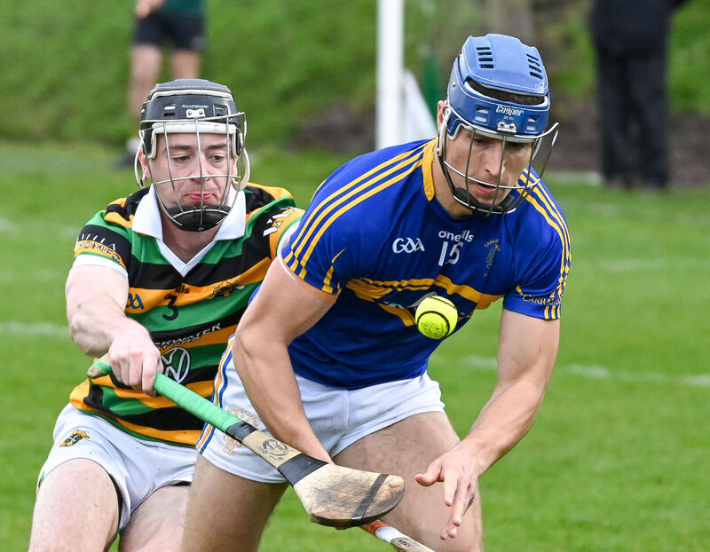  Carrigtwohill's Sean Walsh wins possession ahead of Glen Rovers' Liam Coughlan during their SHL clash at the Glen Field. Picture: David Keane.