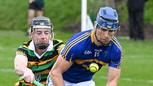 <p> Carrigtwohill's Sean Walsh wins possession ahead of Glen Rovers' Liam Coughlan during their SHL clash at the Glen Field. Picture: David Keane.</p>