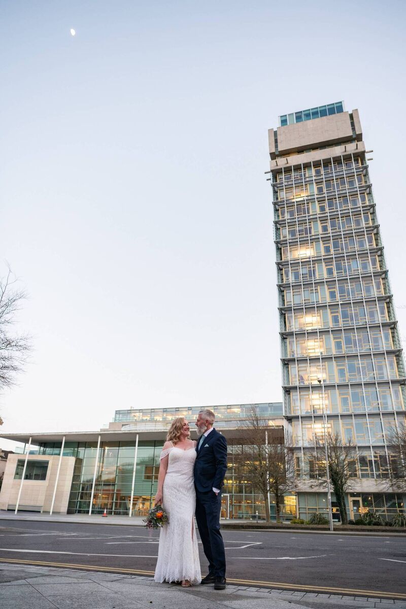 After the ceremony, the couple held a reception for their guests at the Kingsley. They are pictured her outside County Hall, near the hotel. Pictures: Anna Groniecka
