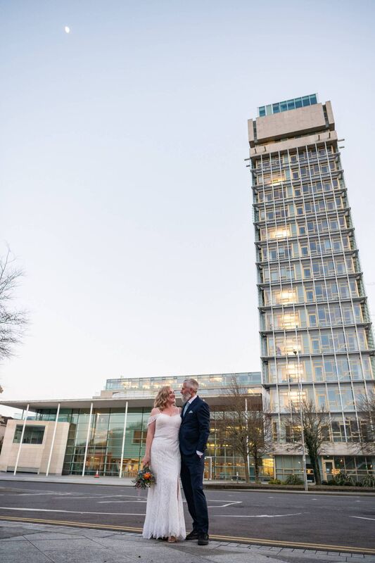 After the ceremony, the couple held a reception for their guests at the Kingsley. They are pictured her outside County Hall, near the hotel. Pictures: Anna Groniecka