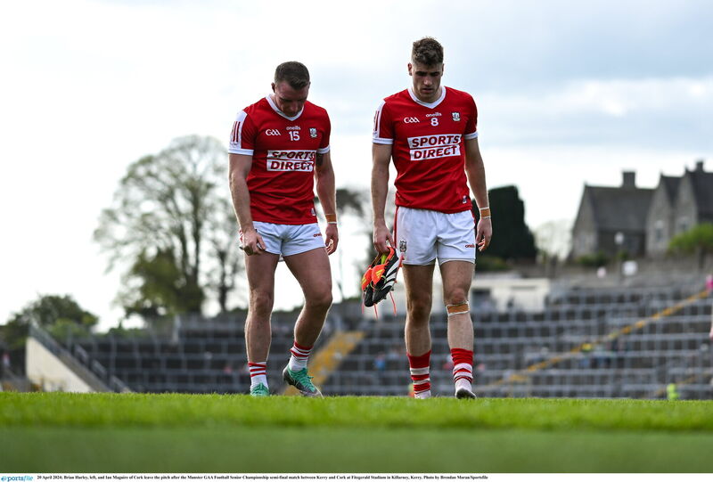 Brian Hurley and Ian Maguire of Cork leave the pitch after defeat to Kerry in Killarney two years ago. Picture: Brendan Moran/Sportsfile