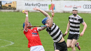 <p>MY BALL: Charleville's Darren Butler makes a fine catch under pressure from Midleton's Cian Stack during their SHL clash at Midleton. Picture: David Keane.</p>