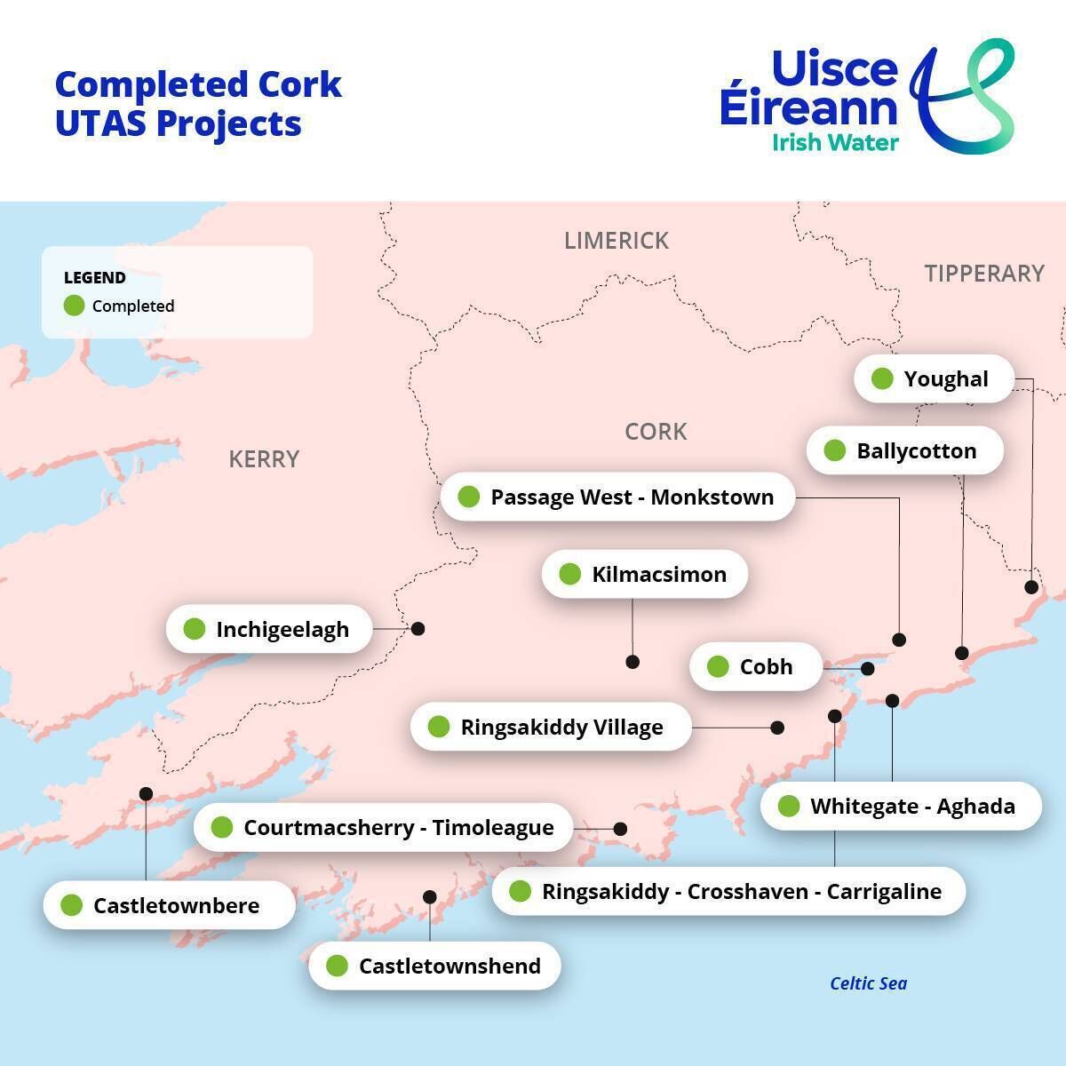 Map of Uisce Eireann water projects in Co Cork