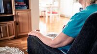 Lonely old senior woman with dementia, alzheimer or anxiety. Loneliness, grief or memory loss of a sad grandma. Home sofa couch.