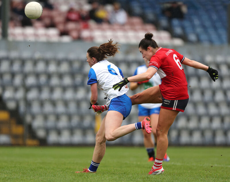  Sadbh McGoldrick, Cork, shoots from Rebecca Casey, Waterford. Picture: Jim Coughlan.