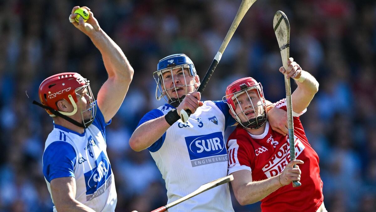 Tadhg de Búrca of Waterford gathers ahead of team-mate Conor Prunty and Cork's Alan Connolly in their 2024 game at Walsh Park. A win for Cork there next Saturday will almost certainly send them to the provincial final. Picture: Brendan Moran/Sportsfile