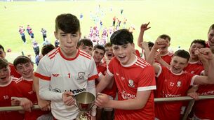 <p>Winners of the Premier 2 Féile Hurling Final: Watergrasshill goalie Cormac McCarthy and Sam O’Leary share the cup. Picture by Noel Sweeney</p>