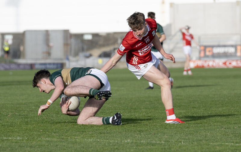 Conor Clifford of Kerry under pressure from Dónal Herlihy of Cork. Picture: Dominick Walsh