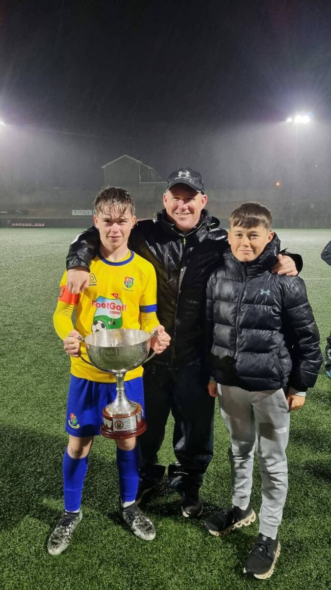 Carrigaline United U16s' Ted O’Driscoll with his sons Dylan and Aaron O’Driscoll. 