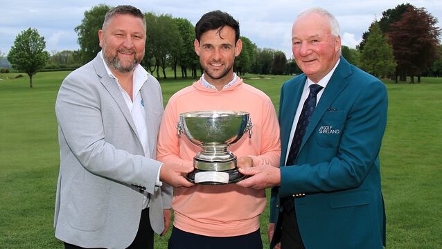 <p>Munster Stroke Play winner Paul Coughlan pictured with Sean Barry from sponsors C2O Group and Dave Prendergast from Golf Ireland. Picture: Niall O'Shea</p>