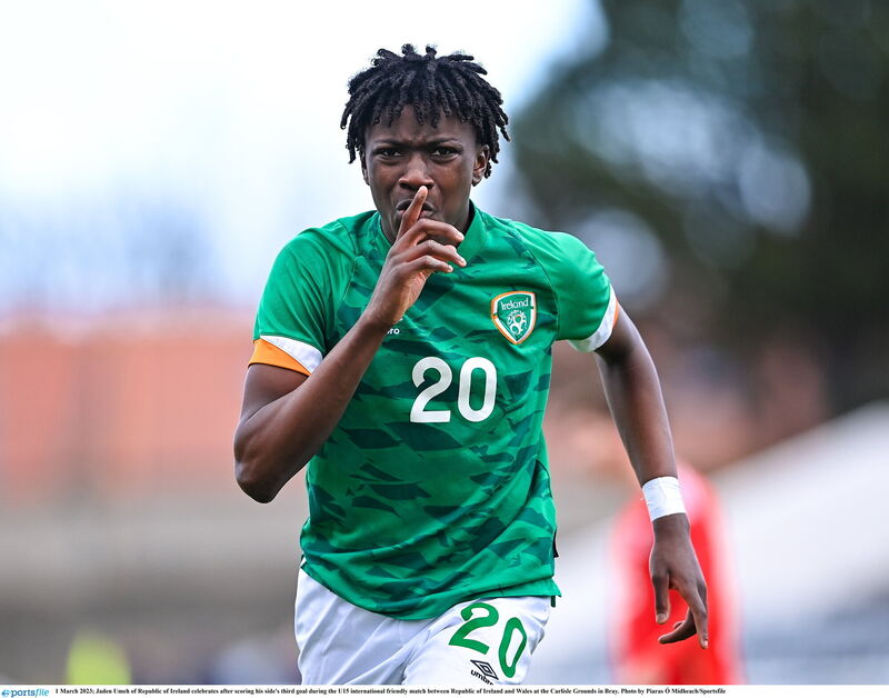 Jaden Umeh of Republic of Ireland celebrates after scoring his side's third goal during the U15 international friendly match between Republic of Ireland and Wales at the Carlisle Grounds in Bray. Photo by Piaras Ó Mídheach/Sportsfile