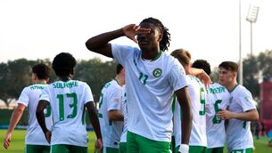 <p>Jaden Umeh of Republic of Ireland celebrates with teammates after scoring their side's first goal during the FIFA Under-17 World Cup Group J match between Panama and Republic of Ireland at Aspire Zone in Doha, Qatar. Photo by Nikola Krstic/Sportsfile</p>