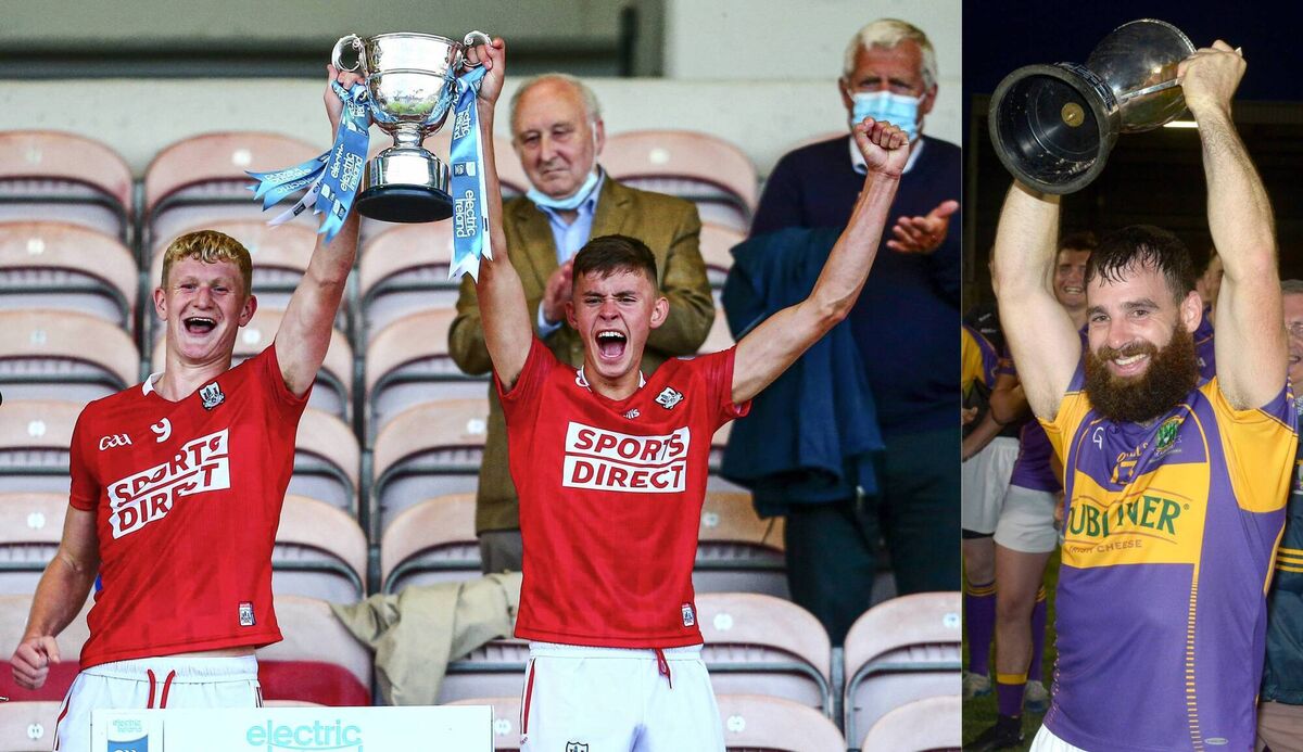 Spot the difference: Cork minor football joint captains Rory O'Shaughnessy and Hugh O'Connor lift the Tadhg Crowley Cup in 2021 - named after a GAA administrator from Kerry - while Carbery captain Colm O'Driscoll raises the trophy named in honour of the Cork great Tadhg Crowley. Pictures: Inpho/Ken Sutton and Denis Boyle 
