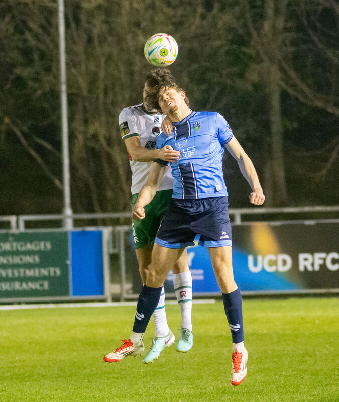 Cork City's Charlie Lyons battles with UCD's Killian Cailloce during their match at the UCD Bowl, Dublin. Picture: Gareth Chaney