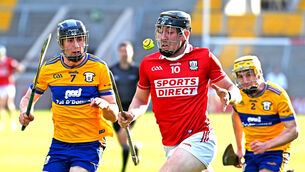 <p>Cork's Zack Biggane racing on to the sliotar ahead of Clare's Matthew O'Halloran and Jamie Moylan during last Wednesday's Fulfil Munster U20HC clash at SuperValu Páirc Uí Chaoimh. Picture: Eddie O'Hare</p>