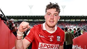 <p>Cork's Eoin Downey celebrates after the Munster SHC win over Limerick. Picture: Seb Daly/Sportsfile</p>