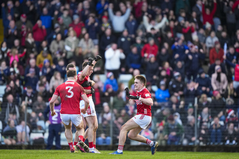 Cork fans jump for joy as Tommy Walsh, Maurice Shanley, Daniel O'Mahony and Luke Fahy celebrate beating Meath this year. Picture: INPHO/James Lawlor