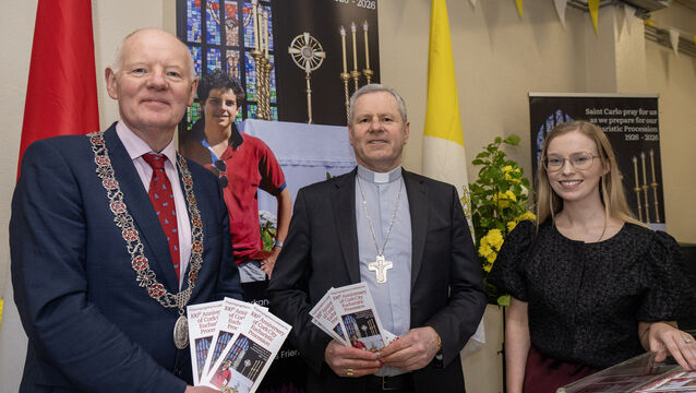 <p>Bishop Fintan Gavin, Cllr John Sheehan, deputising for the Lord Mayor of Cork and Sheila Kelleher, co-ordinator of Youth Ministry at the North Cathedral in the city. The relics of Saint Carlo Acutis — the first millennial saint — will visit the Diocese of Cork and Ross as part of the preparations for the 100th anniversary of the Eucharistic Procession on Sunday, 7th June. Picture: Brian Lougheed</p>
