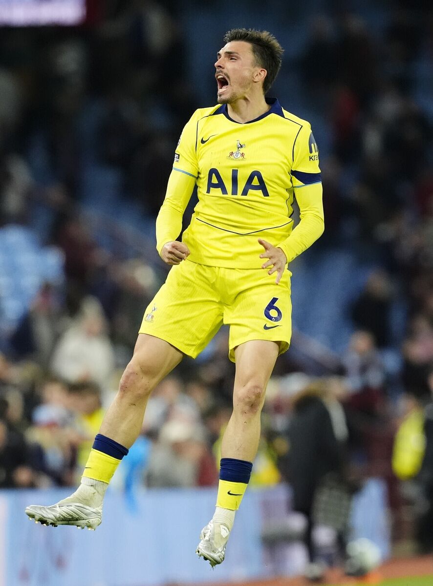 Tottenham Hotspur's Joao Palhinha celebrates after the Premier League match at Villa Park, Birmingham. Picture: Nick Potts/PA Wire.