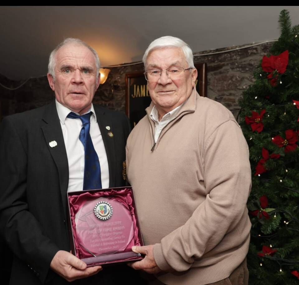 Christy Byrne receiving the Pat McAuliffe Hall of Fame Award from Pat Buckley in the Kiln at Heineken Brewery. Christy Byrne receiving the Pat McAuliffe Hall of Fame Award from Pat Buckley in the Kiln at Heineken Brewery.