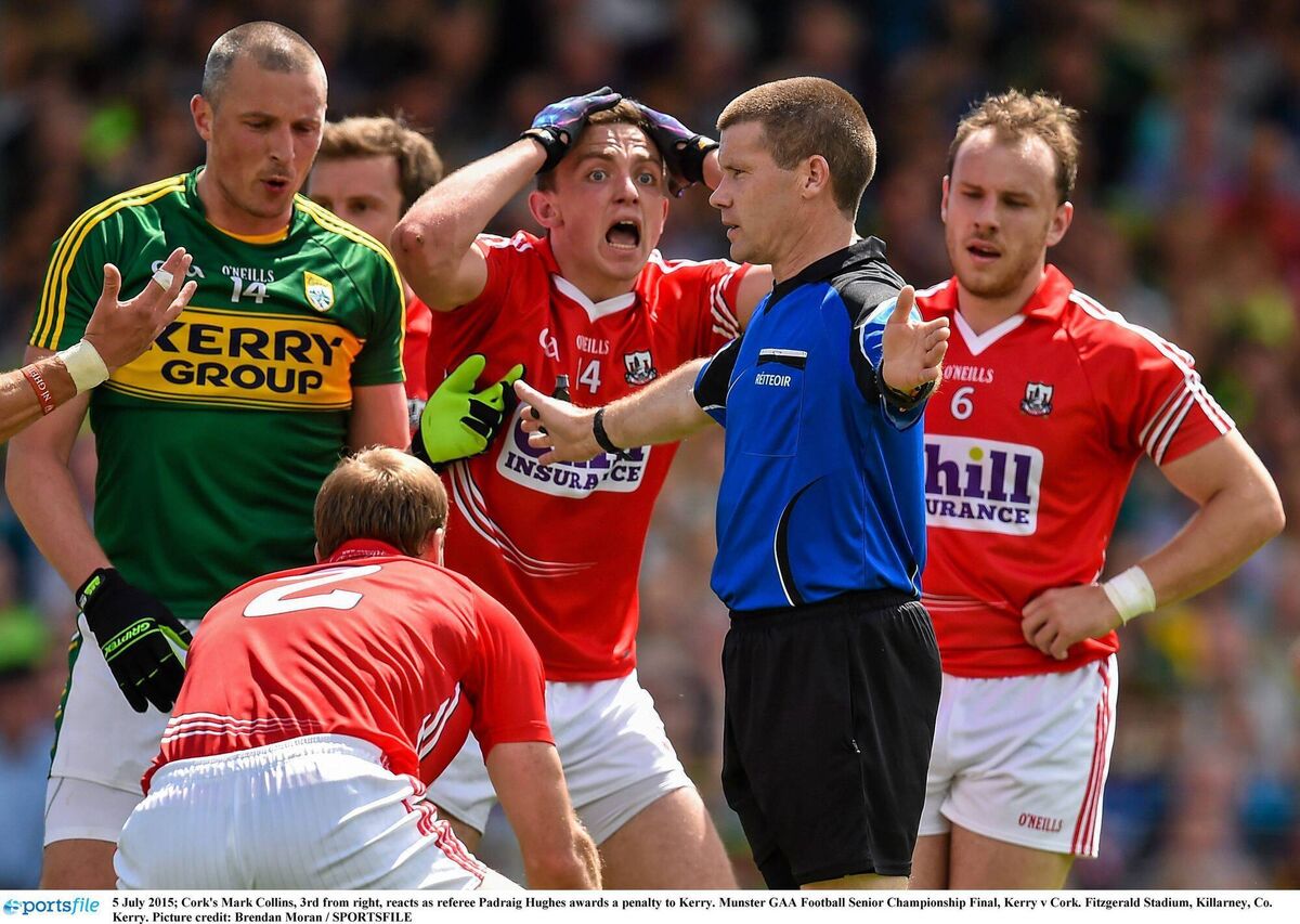 Cork's Mark Collins reacts as referee Padraig Hughes awards a penalty to Kerry in the 2015 draw. Picture: Brendan Moran/SPORTSFILE