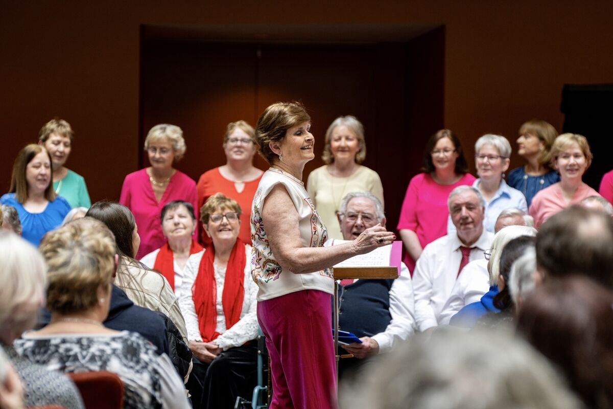 Bernadette Kiely leads the Stroke Notes choir performing at the Clayton Hotel, Cork city, as part of the Cork International Choral Festival. Picture: Chani Anderson
Bernadette Kiely leads the Stroke Notes choir performing at the Clayton Hotel, Cork city, as part of the Cork International Choral Festival. Picture: Chani Anderson