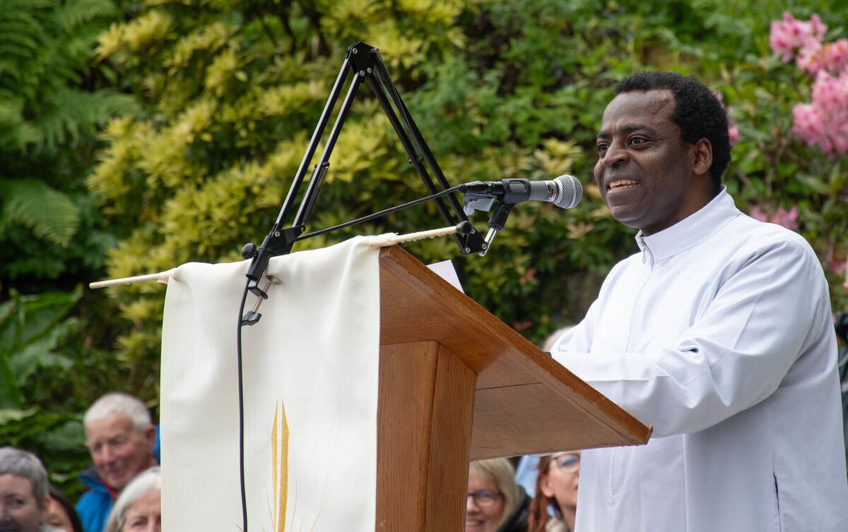 Fr Emmanuel seen giving the sermon at the recent May Procession in Glanmire.