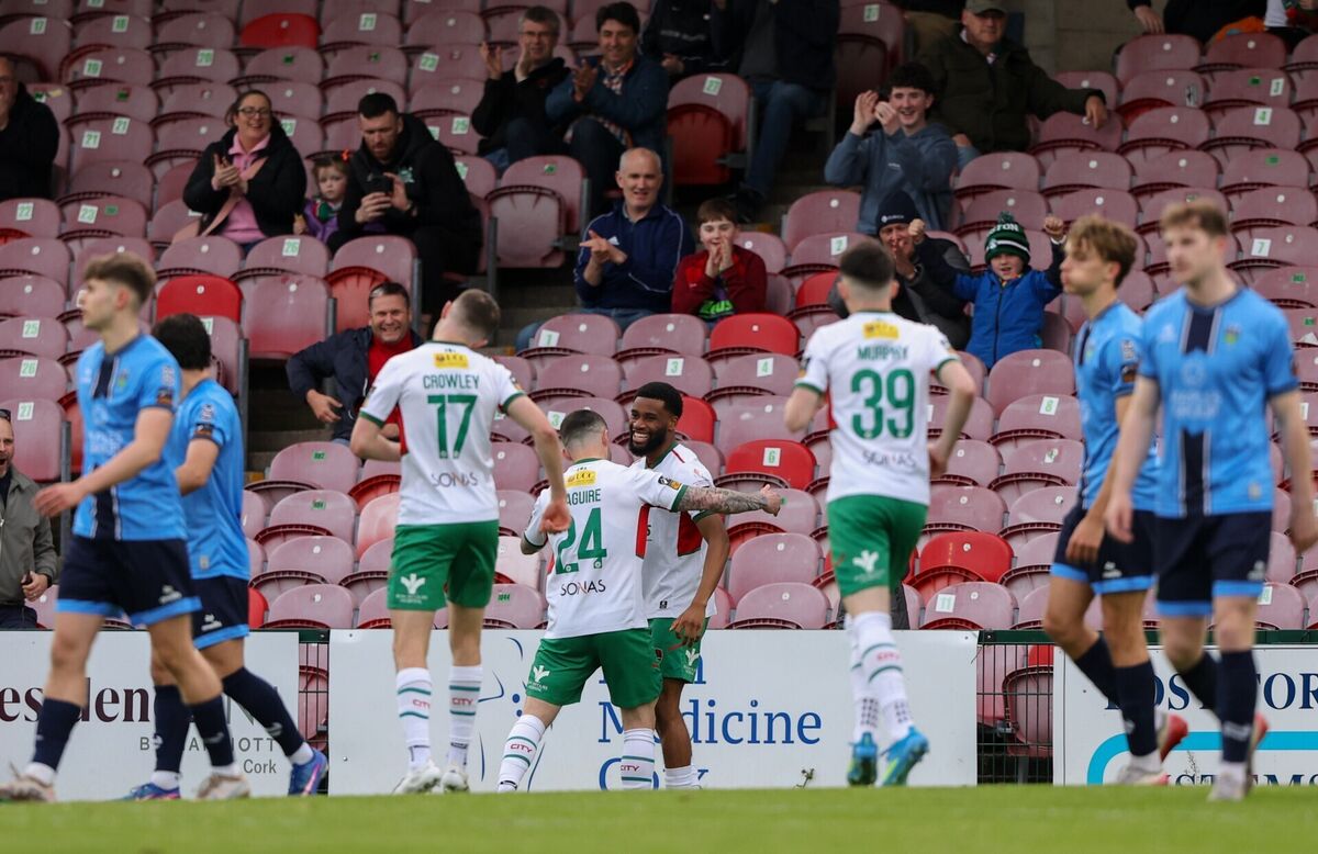 Hans Mpongo of Cork City, centre, celebrates after scoring his side's first goal at Turner's Cross. Picture: Michael P Ryan/Sportsfile