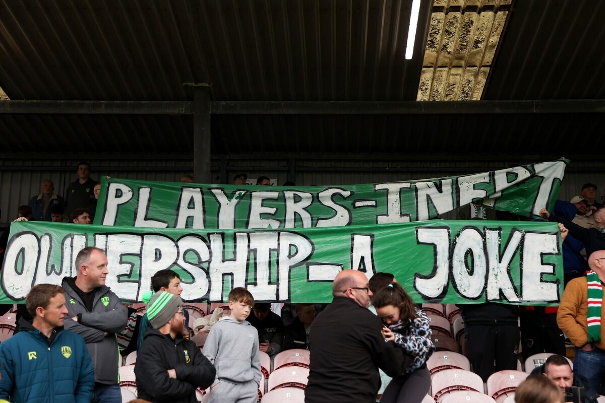 Cork City supporters display a banner against UCD showing their frustration. Picture: Michael P Ryan/Sportsfile