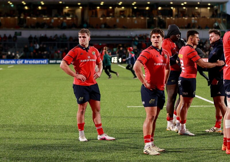 Dejected Munster players after their defeat in Galway. Picture: Thomas Flinkow/Sportsfile