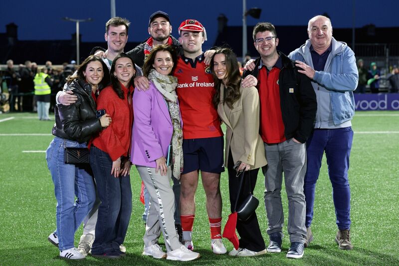 Munster's Alex Kendellen celebrates receiving his 100th cap with his family. Picture: INPHO/Laszlo Geczo