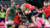 Finlay Bealham is tackled by Tom Ahern and Michael Ala’alatoa 9/5/2026