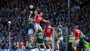 <p>Seán O'Brien of Kerry and Ian Maguire of Cork compete for a high ball. Picture: Paul Phelan/Sportsfile</p> <p>Seán O'Brien of Kerry and Ian Maguire of Cork compete for a high ball. Picture: Paul Phelan/Sportsfile</p>
