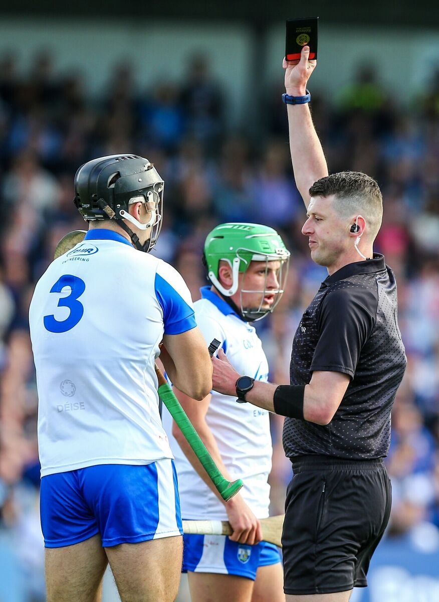Referee Sean Stack shows Waterford's Mark Fitzgerald a black card. Picture: Picture: INPHO