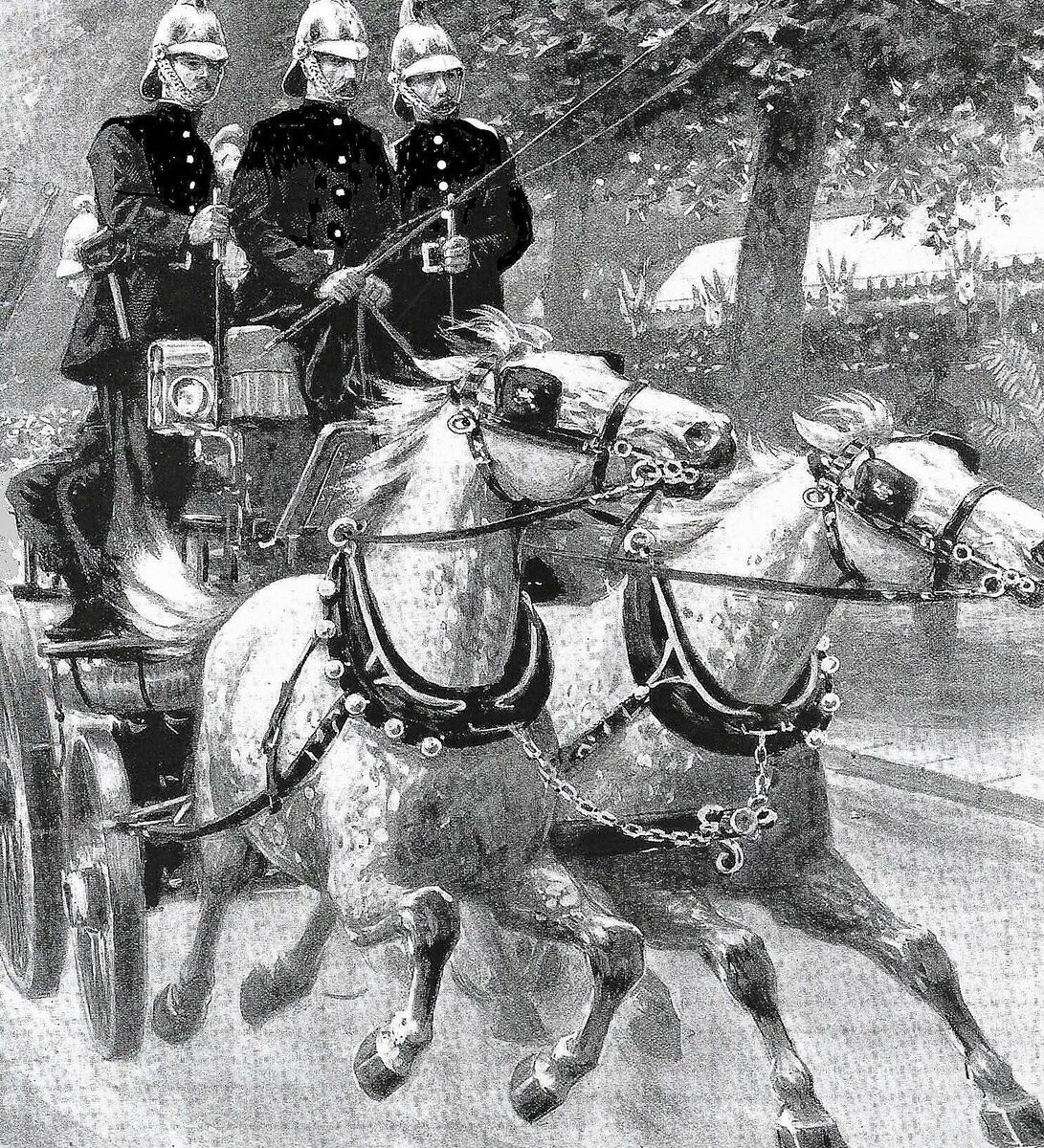 An illustration of Cork Fire Brigade en route to a fire around 1895, the year when the blaze broke out at the Washington Street premises