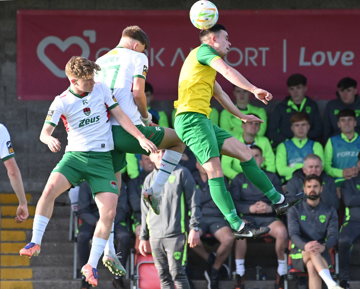 Cork City's Luke Downey and Rockmount's Adam Crowley tussle in the air during the Grandons Toyota Munster Senior Cup final at Munster FA Turner's Cross. Picture: Eddie O'Hare Cork City's Luke Downey and Rockmount's Adam Crowley tussle in the air during the Grandons Toyota Munster Senior Cup final at Munster FA Turner's Cross. Picture: Eddie O'Hare