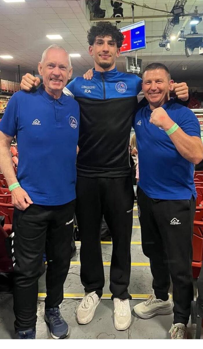 Coaches Kieran Lingwood and Andrew Thornton at the National Stadium with their boxer Rati Abuladze, Togher. Coaches Kieran Lingwood and Andrew Thornton at the National Stadium with their boxer Rati Abuladze, Togher.