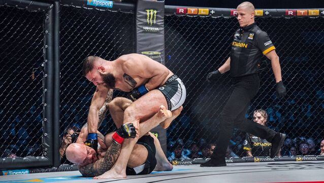 <p>Cork MMA Middleweight Brian Manning on his way to victory against German fighter Daniel Schwindt  in Stuttgart last January.</p>
