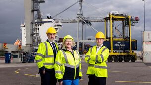 <p>Simon Smith, General Manager, CMA CGM Ireland; Ann Doherty, CEO, Port of Cork Company, and Cathal McSweeney, Director of Public and International Aﬀairs, Cork Chamber, pictured as the Port of Cork was added as a port of call on CMA CGM’s Panama Direct transatlantic service.  Picture: Michael O'Sullivan.</p>