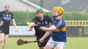 <p>Craig Leahy of Sarsfields tries to close down Carrigtwohill's Brendan Twomey during Sunday's RedFM Hurling League Division 1 game in Carrigtwohill. Picture: Howard Crowdy</p>