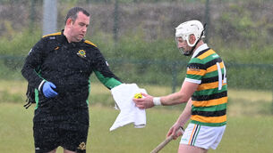 <p>Glen Rovers Cian O'Brien drying off a sliotar for Patrick Horgan against Douglas during the RedFM SHL Division 1 game. Picture: Eddie O'Hare</p>