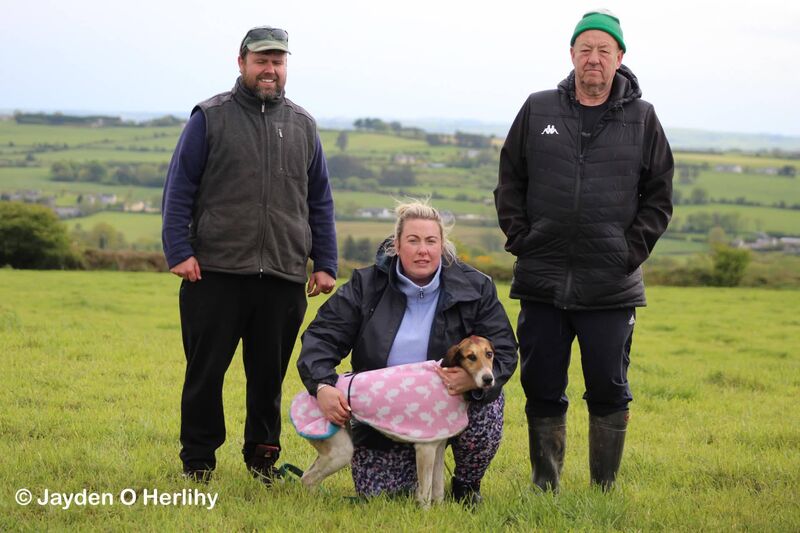 Jennifer Kenneally with Knockane Jack, winner of the Sean and Monica Walsh Memorial Senior Draghunt at the Fornaught also included Ian Freyne and Ger Kenneally. Picture: Jayden O'Herlihy. 
