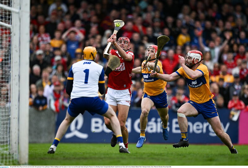 Brian Hayes scores Cork's first goal in last year's game with Clare at Zimmer Biomet Páirc Chíosóg. Picture: Brendan Moran/Sportsfile
