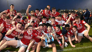 <p> CHAMPIONS: Cork captain Joe Miskella and players celebrate after defeating Kerry during the Electric Ireland Munster MFC final Páirc Uí Rinn. Picture: Eddie O'Hare</p>