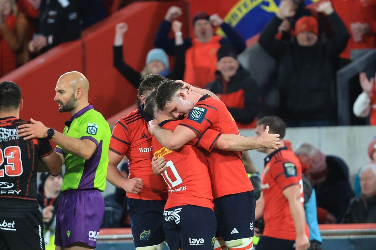 Munster's JJ Hanrahan and Evan O'Connell after the vital victory at Thomond Park. Picture: INPHO/Bryan Keane